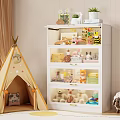Cute Stuffed Toys In Kids Room With White Storage Cabinet And Yellow Teepee Tent