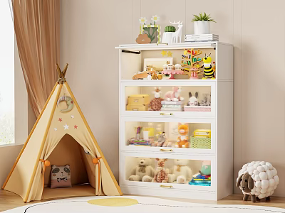 Cute Stuffed Toys In Kids Room With White Storage Cabinet And Yellow Teepee Tent 3d model