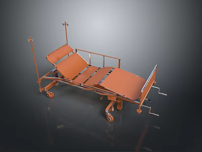 Orange Hospital Bed With Adjustable Backrest Metal Frame And Rolling Wheels 3d model