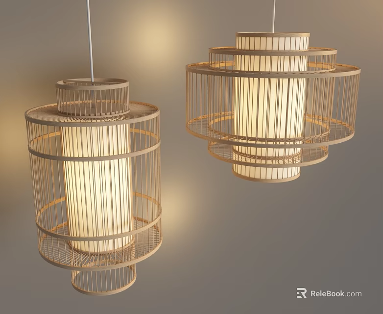 Modern Bamboo Pendant Lights With Cylindrical Woven Frame And Illuminated Inner Shade 3d model 