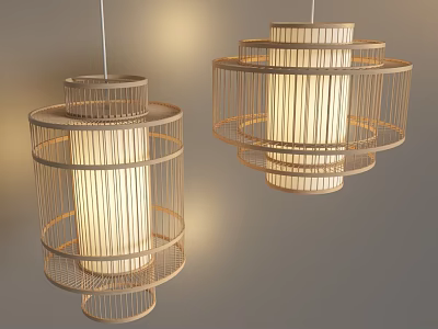 Modern Bamboo Pendant Lights With Cylindrical Woven Frame And Illuminated Inner Shade 3d model