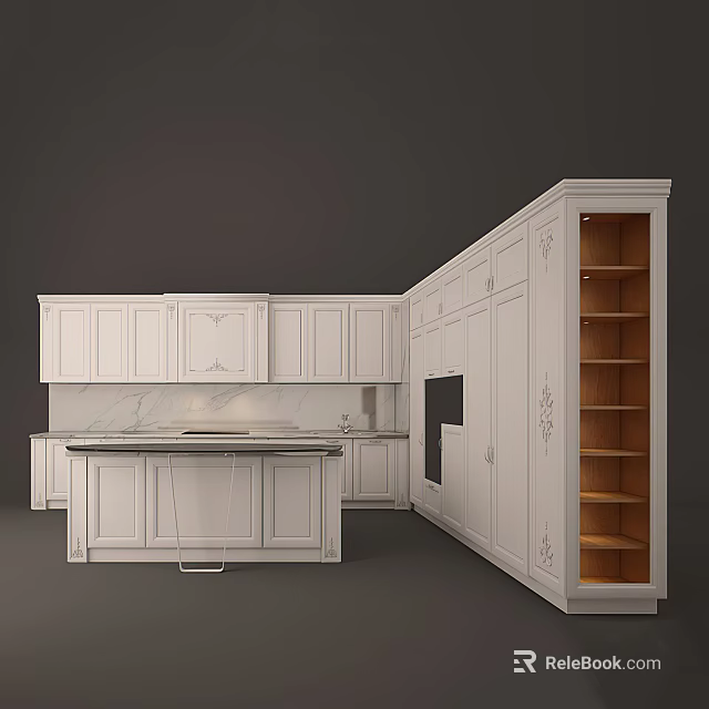 Classic White Kitchen Cabinets With Floral Carvings Open Shelves And Marble Island Countertop 3d model 