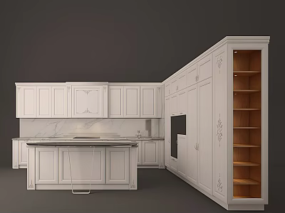 Classic White Kitchen Cabinets With Floral Carvings Open Shelves And Marble Island Countertop 3d model