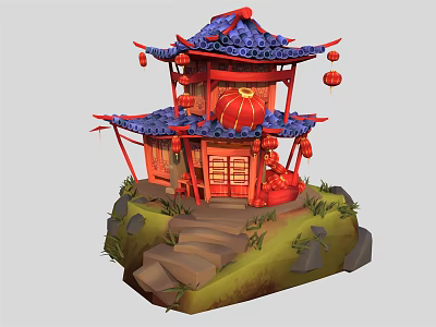 Cartoon Scenic Chinese Style Pavilion With Blue Roof Red Lanterns Stone Steps And Green Grass 3d model
