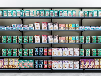 Retail Display Shelves Loaded with Various Packaged Goods Neatly Arranged in Store 3d model