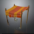 Tented Canopy Structure With Orange Red Striped Fabric Wooden Legs White Balls And Metal Tool