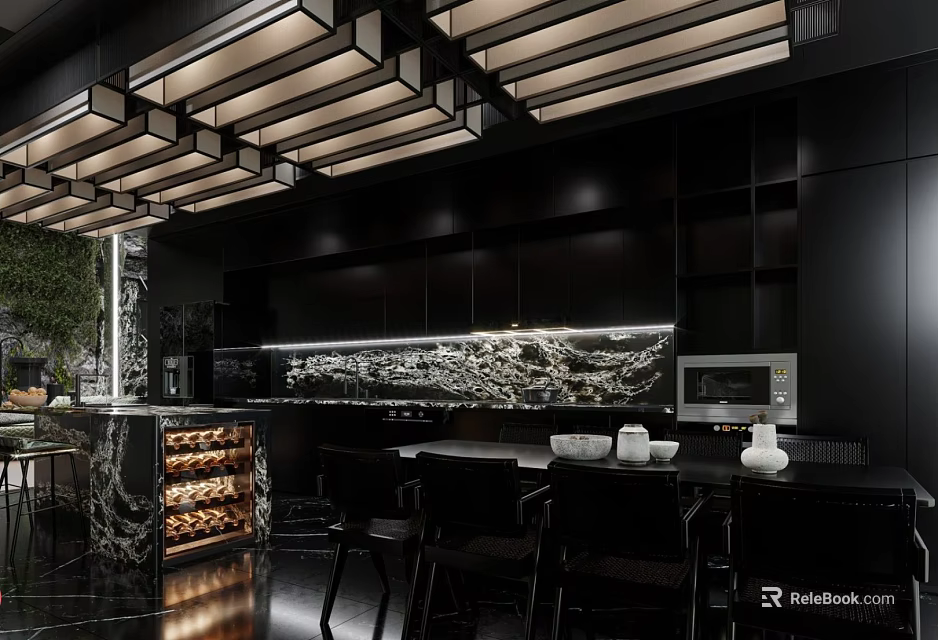 Modern Black Kitchen Interior With Marble Accents Wine Rack And Pendant Lights 3d model 