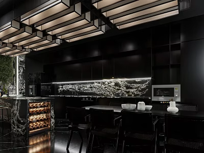 Modern Black Kitchen Interior With Marble Accents Wine Rack And Pendant Lights 3d model