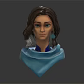 Female Character Bust Sculpture With Wavy Brown Hair Green Eyes Teal Earrings And Blue Shawl