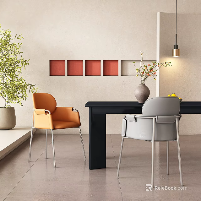 Stylish Orange And Gray Single Chairs With Black Table Wall Decor And Green Plant 3d model 