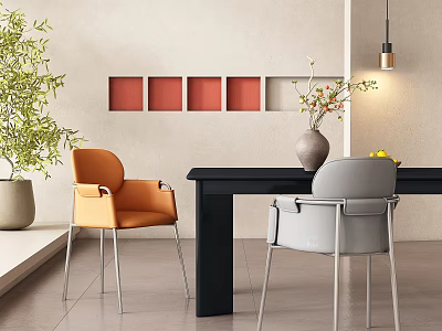 Stylish Orange And Gray Single Chairs With Black Table Wall Decor And Green Plant 3d model