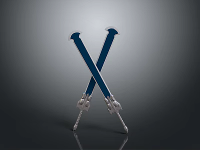 Crossed Blue And White Swords With Ornate Hilts On Reflective Dark Background 3d model
