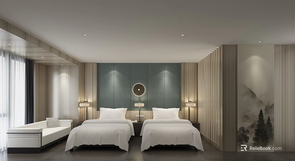 Modern Hotel Room Interior With Twin Beds Green Wall Round Mirror And Lighting 3d model 