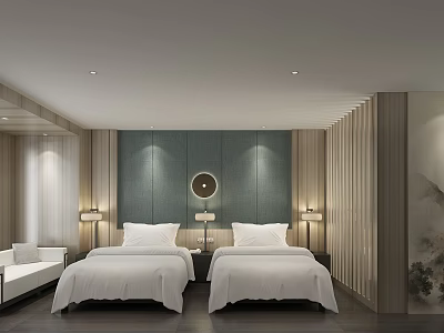 Modern Hotel Room Interior With Twin Beds Green Wall Round Mirror And Lighting 3d model