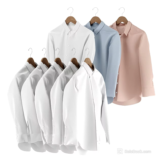 White Light Blue And Pink Shirts Hanging On Hangers For Casual Daily Wear 3d model 