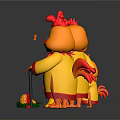 Cartoon Chick Characters in Yellow Outfits Red Combs Holding Walking Canes Gray Background Reflections