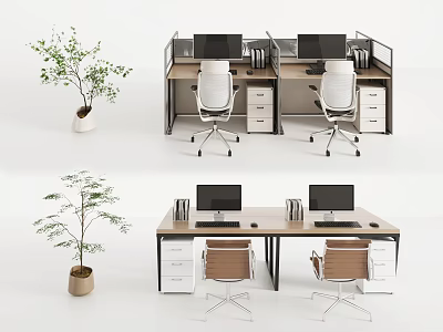 Modern Office Desk Workspace With Computers Office Chairs Drawer Cabinets And Green Plants 3d model