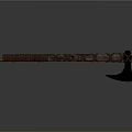Traditional Decorative Axe With Red Patterned Handle And Dark Colored Head