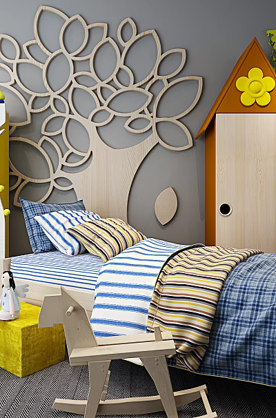 Kids Bed with Blue Striped Quilt Tree Shaped Cutout Wall and Orange Yellow House Cabinets 3d model