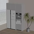 Silver Refrigerator in Modern Room with Coffee Machine Cabinet Potted Plant and Window with Blinds