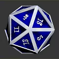 Blue Polyhedral Dice With Silver Border Numbers And Symbols For Tabletop Games