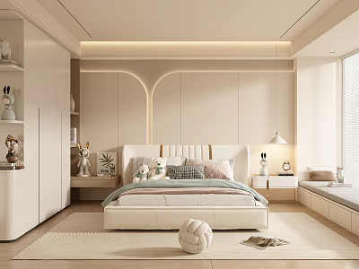 Soft Modern Kids Room Interior With White Bed Wardrobe Stuffed Toys Window Seat And Rug 3d model