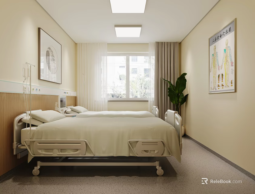 Modern Hospital Ward Interior With Medical Bed Natural Light And Decorations 3d model 