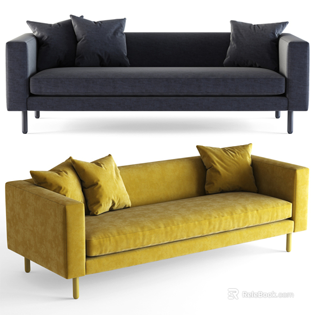 Modern Two-Seater Sofa Design With Blue And Yellow Upholstery And Decorative Pillows 3d model 
