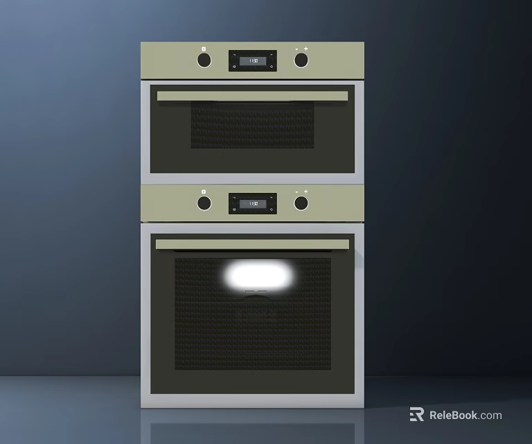 Stacked Light Green And Silver Ovens With Digital Display Control Buttons And Bottom Light On 3d model 