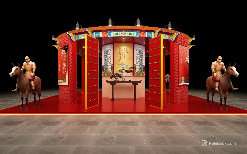 Traditional Chinese Red Architectural Structure With Horse Statues And Interior Screen Table 3d model