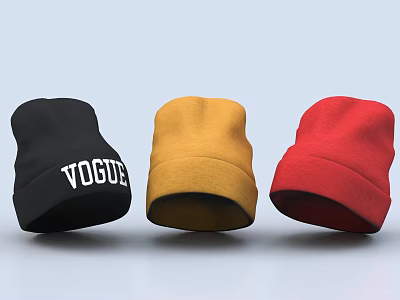 Trendy Beanie Hats in Black Yellow Red Featuring VOGUE Lettering Design 3d model