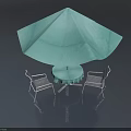Patio Outdoor Table With Green Umbrella And Two Metal Chairs