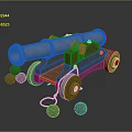 Vintage Old Cannon Weapon With Wooden Carriage Metal Barrel And Cannonballs