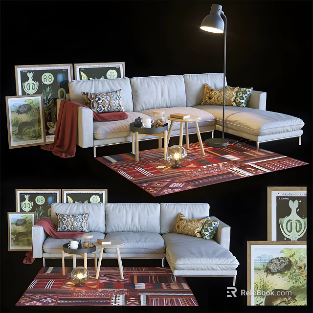 Sectional Sofa In Modern Living Room With Decorative Pillows Wooden Side Table And Area Rug 3d model 