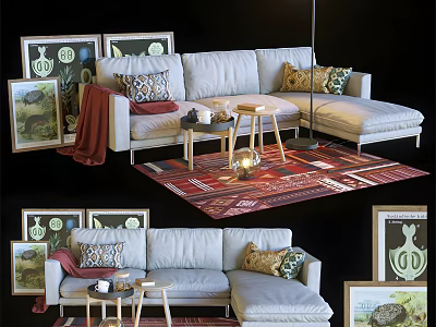 Sectional Sofa In Modern Living Room With Decorative Pillows Wooden Side Table And Area Rug 3d model