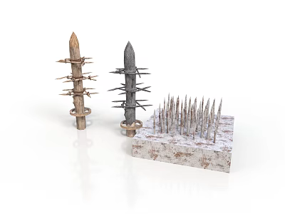 Medieval Defensive Spiked Structures Including Wooden Metal Pillars And Stone Base 3d model