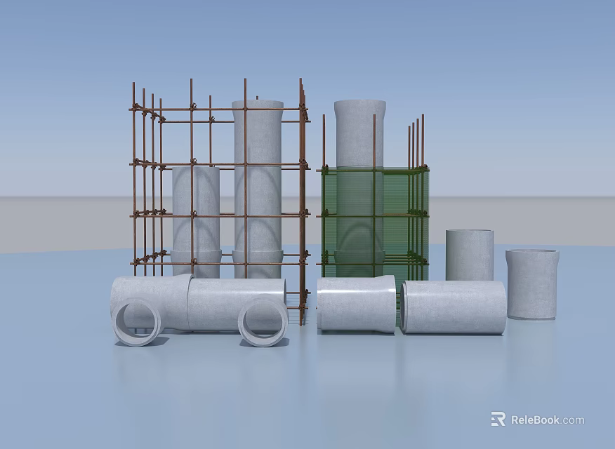 Industrial Construction Components Featuring Scaffolding Concrete Pipes Cylindrical Columns And Green Formwork Panels 3d model 