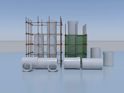 Industrial Construction Components Featuring Scaffolding Concrete Pipes Cylindrical Columns And Green Formwork Panels 3d model