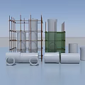 Industrial Construction Components Featuring Scaffolding Concrete Pipes Cylindrical Columns And Green Formwork Panels