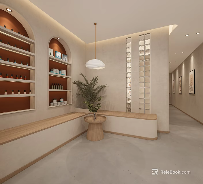 Modern Beauty Salon Interior Design With Arched Shelves Beauty Products Wooden Table Green Plant And Bench 3d model 
