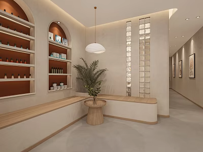 Modern Beauty Salon Interior Design With Arched Shelves Beauty Products Wooden Table Green Plant And Bench 3d model