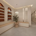 Modern Beauty Salon Interior Design With Arched Shelves Beauty Products Wooden Table Green Plant And Bench