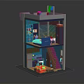 Cartoon Style Block Built Multi Level Room Scene With Bedroom Staircase And Sofa