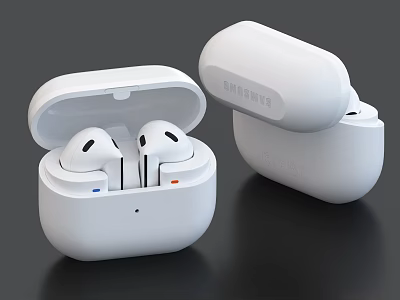 Samsung White Wireless Earbuds With Open And Closed Charging Cases 3d model