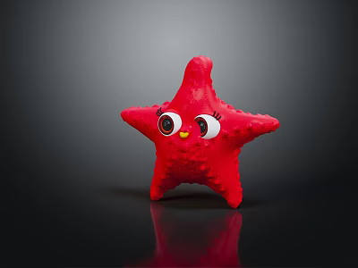 Red Starfish Stuffed Toy with Big Eyes and Yellow Mouth on Dark Background with Reflection 3d model