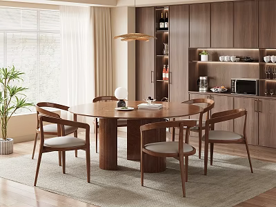 Dining Room Interior Design With Round Wooden Table Chairs Wooden Cabinets Floor Lamp And Potted Plant 3d model