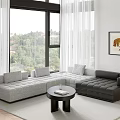 Light and Dark Gray Sectional Sofa with Cushions Coffee Table Green Window View and Rug