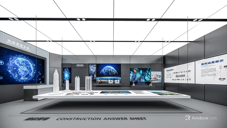 Construction Exhibition Hall Featuring Models Screens And Information Displays 3d model 
