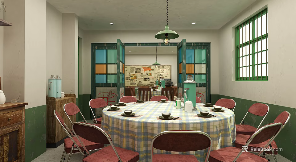 Traditional Chinese Private Dining Room With Round Table Checkered Tablecloth Red Chairs And Pendant Light 3d model 