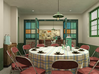 Traditional Chinese Private Dining Room With Round Table Checkered Tablecloth Red Chairs And Pendant Light 3d model